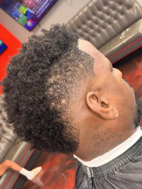 Burst fade on natural curls, cut by Raekwon